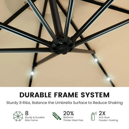 10ft Solar LED Patio Umbrella with Base, 32 LED Lighted Outdoor Offset Cantilever Umbrella with Sturdy 8 Rids, Customized