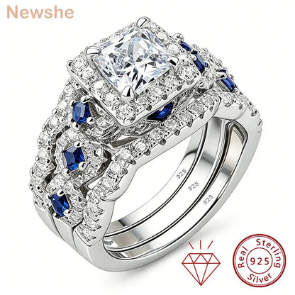 Newshe 3 Pcs Wedding Rings Set for Women 925 Silver Princess Cut Certified Moissanite/Zircon Luxury Bridal Engagement Jewelry