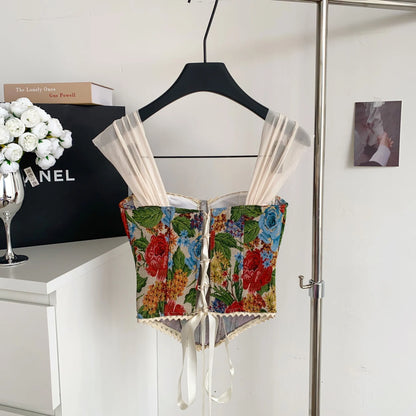 SINGREINY Women Strap Vintage Lingerie Camisole Sleeveless Lace Up Backless Mini Top  American Retro Slim Sexy Print Tank Top