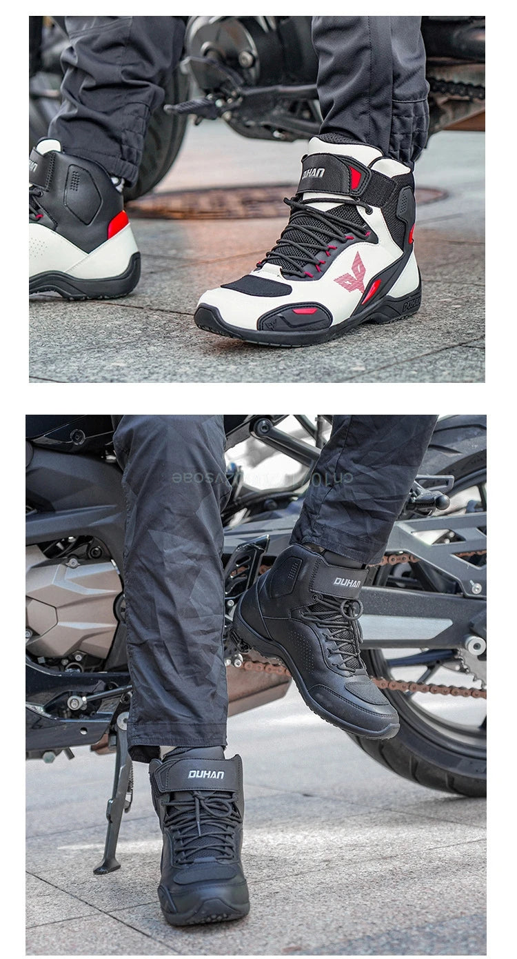 DUHAN  Motorcycle Boots Male Boots for Men Motocross Waterproof Anti Slip Fall Prevention Mid Top Leather Cycling Riding Shoes