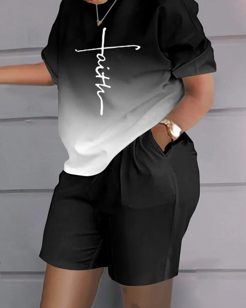 Ladies Casual Summer Two Piece Sets Printed Shorts Sets Women Round Neck Short Sleeve T Shirts Pullover High Waist Trousers Suit