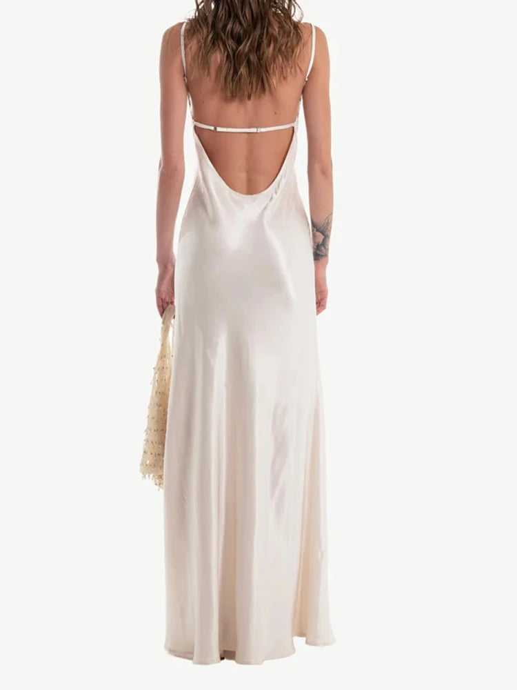 Lace Patchwork Sling Women's Dress Sexy Solid V-neck Sleeveless Backless Stain Female Maxi Dress 2026 Elegant Summer Party Gowns