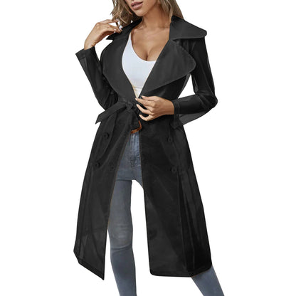 Women Organza See Though Sunscreen Long Sleeve Trench Summer Autumn Fashion Double Breasted Long Coat With Belted Tops Outwear