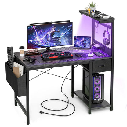 Gaming Desk 55 Inch with Power Outlet and LED Light, Computer Desk with Reversible Shelves and Storage Drawer, Pc, Customized