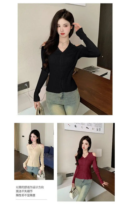 Women Clothing Autumn Fashion Simplicity All-match Screw Thread Knitting Female Solid Color V-neck Slim Sweater Pullovers Tops