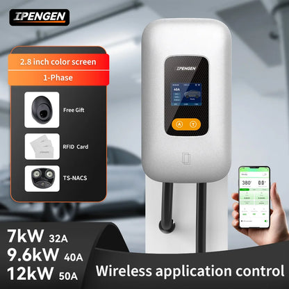 IPENGEN EV Charging Station 32A 7KW TS-NACS Charger Plug for Tesla Car Charger EVSE Wallbox 9.6KW 12KW Fast Charging APP Control