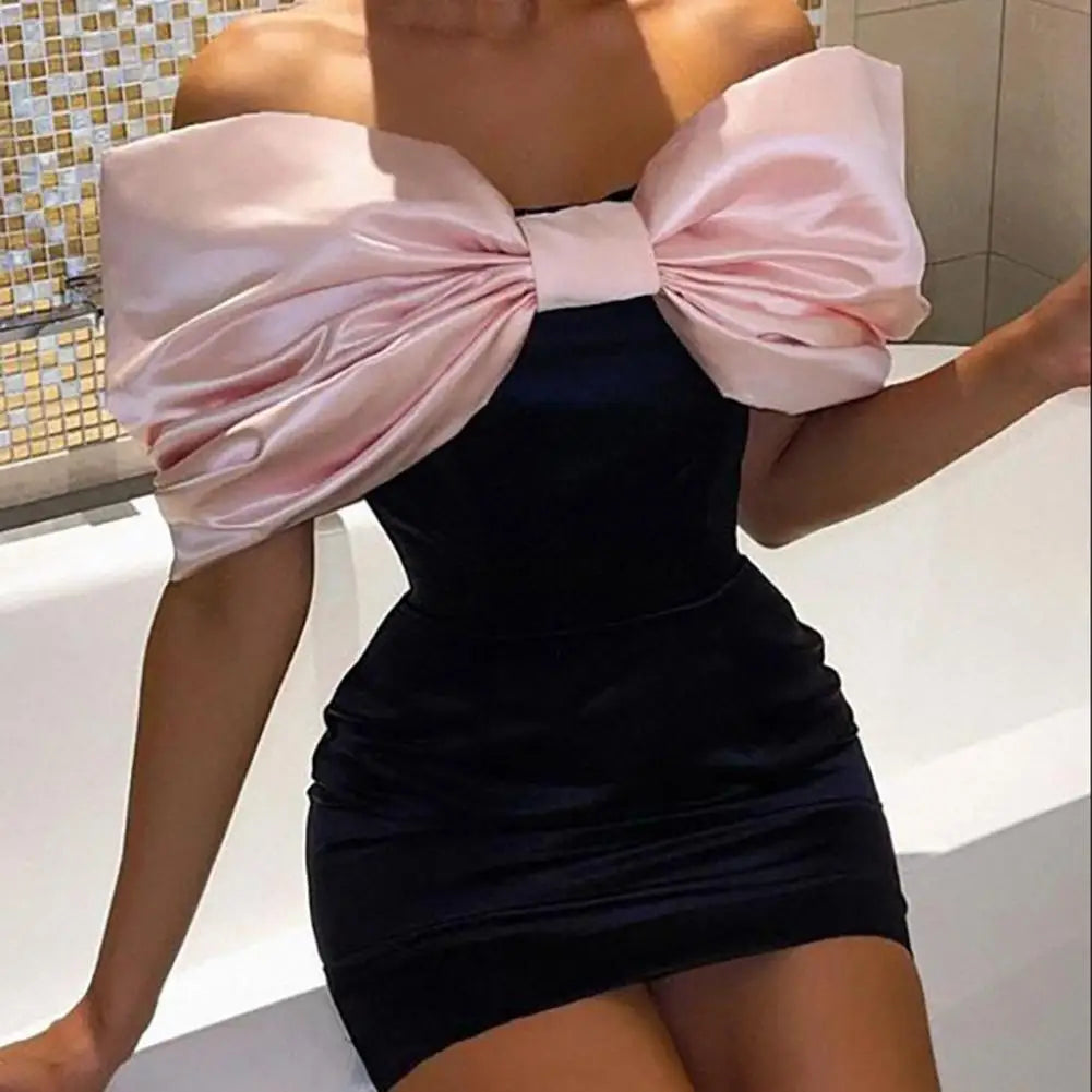 Simple  Sexy Chest Wrap Design Bodycon Dress Above Knee Length Mini Dress Short Sleeve   for Going Out