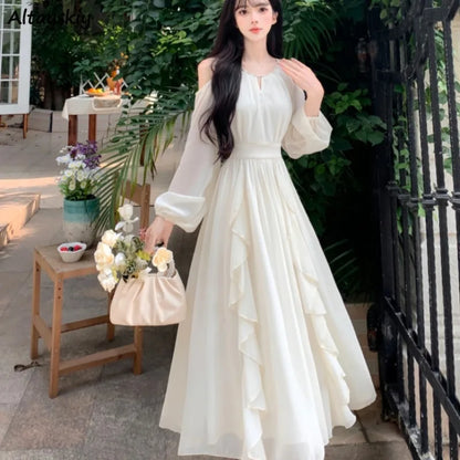 Off Shoulder Dresses for Women Long Sleeve Thin Spring Summer A-line Elegant Ins Girls Casual Solid Minimalist Fitness Beauty
