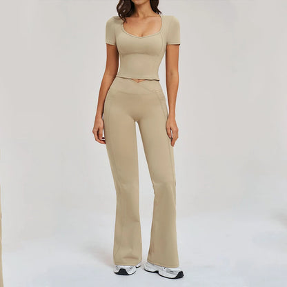 2PCS Women's Yoga Tracksuit midriff-baring short sleeve top high waist Bell-bottom Women Gym Running Training Workout Yoga Set