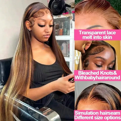 34Inch 4/27 Highlight Wig Human Hair 13X4 Lace Frontal Wig Straight Human Hair Wigs 5x5 Glueless Wig 200 Density For Women