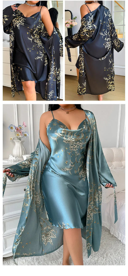Summer New Women 2PCS Robe Set Nightgown Print Flower Kimono Bathrobe Gown Plus Size Silk Satin Sleepwear Loungewear Home Dress