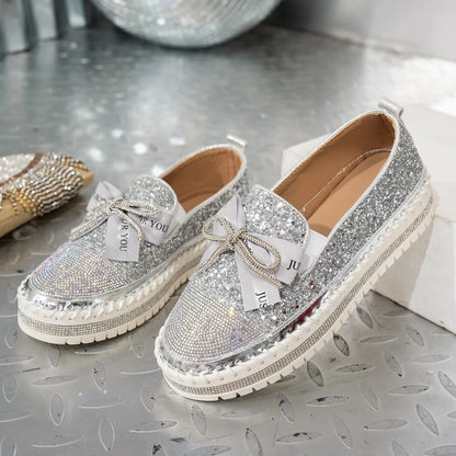 Women Sneakers 2025 New Luxury Crystals Bowknot Loafers Sequined Flat Platform Shoes Couple Fashion Plus Size Sneakers Women