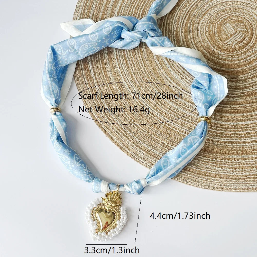 Women’s Fashion Scarf Necklace with Large Stainless Steel Heart Pendant Stackable Bandana Jewelry