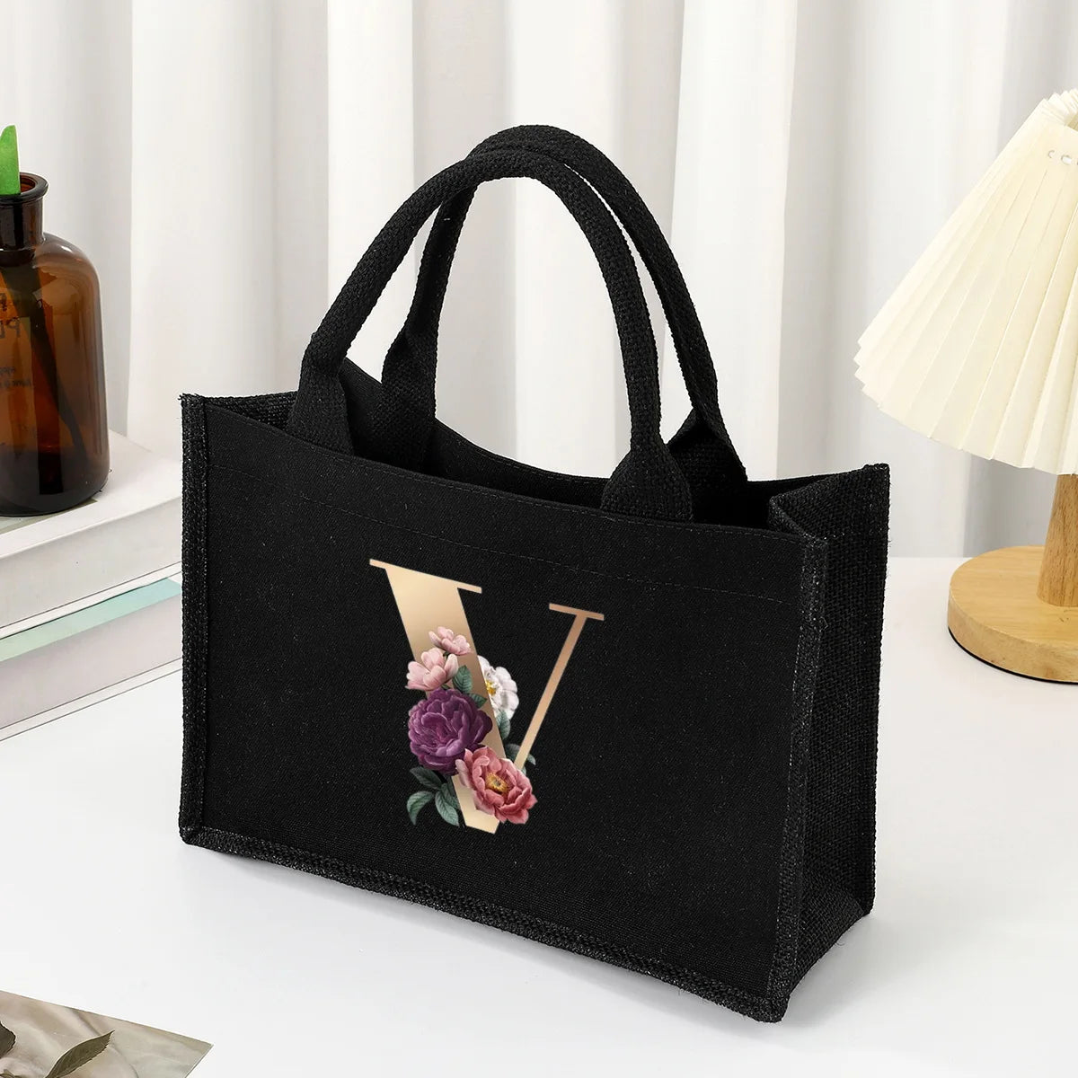 Black hand-held canvas bag, 26 letter printed women's handbag, large capacity portable leisure beach bag, indoor waterproof