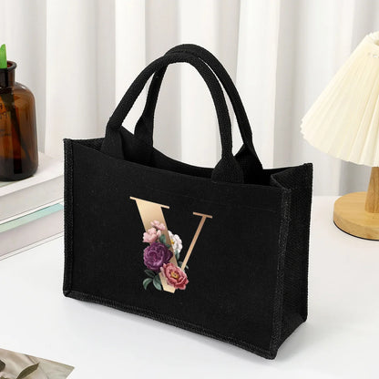 Black hand-held canvas bag, 26 letter printed women's handbag, large capacity portable leisure beach bag, indoor waterproof