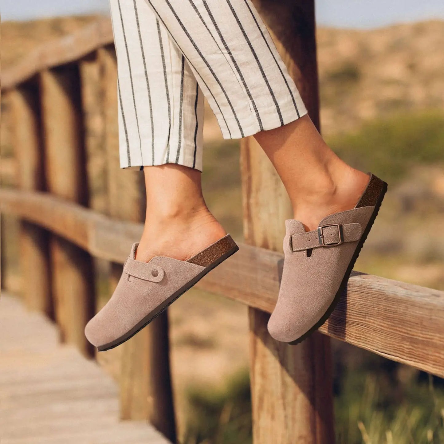Kidmi New Cow Suede Women's Potato Shoes With Adjustable Strap Cork Insole Mules Outdoor Unisex Clogs Slippers With Arch Support