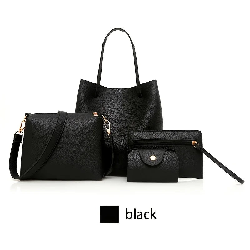 New 4pc Large Capacity Leather Handbag Solid Color Lychee Texture Shoulder Bag Bucket Bag Purse