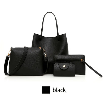 New 4pc Large Capacity Leather Handbag Solid Color Lychee Texture Shoulder Bag Bucket Bag Purse