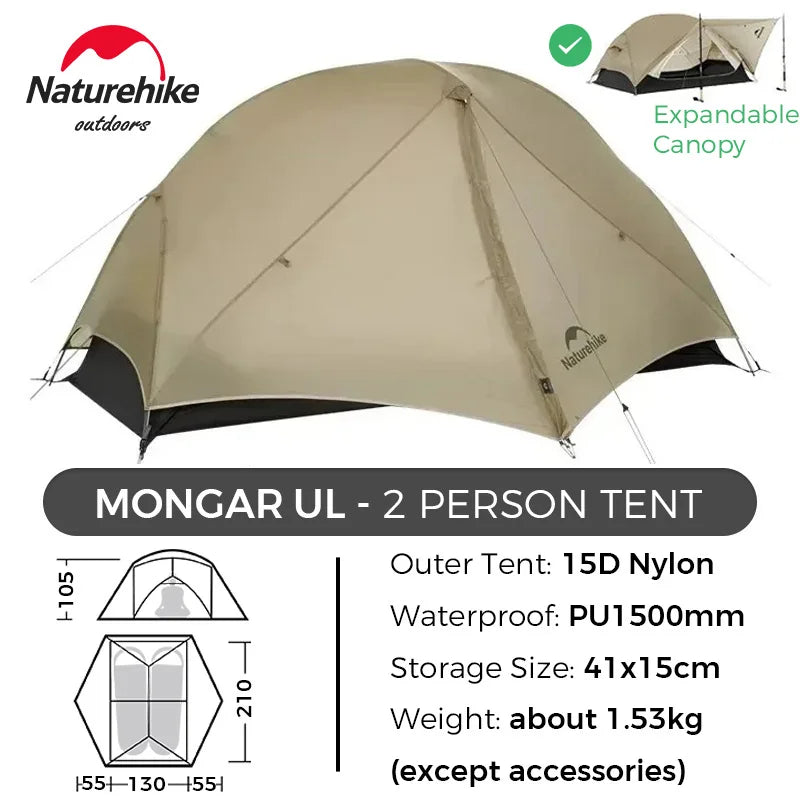 Naturehike Mongar 2 UL/PRO 1-2 Person Backpacking Tent Nylon Waterproof Ultralight Travel Trekking Shelter Tent with Footprint