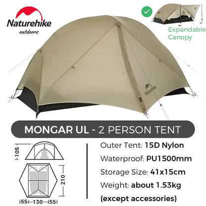 Naturehike Mongar 2 UL/PRO 1-2 Person Backpacking Tent Nylon Waterproof Ultralight Travel Trekking Shelter Tent with Footprint