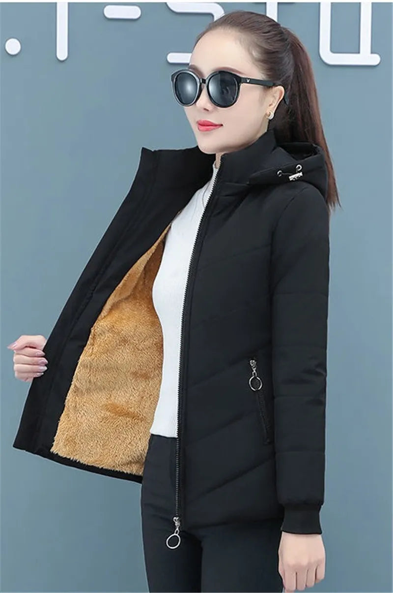 2025 New Women Add Velvet Cotton Jacket Female Winter Fleece Warm Hood Fashion Coat Ladies Down Padded Jackets M- 5XL Coat