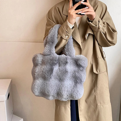 Women's Fluffy Plush Shoulder Bag Autumn Winter Top-Handle Solid Color Tote Versatile Commuter Handbag for Girls