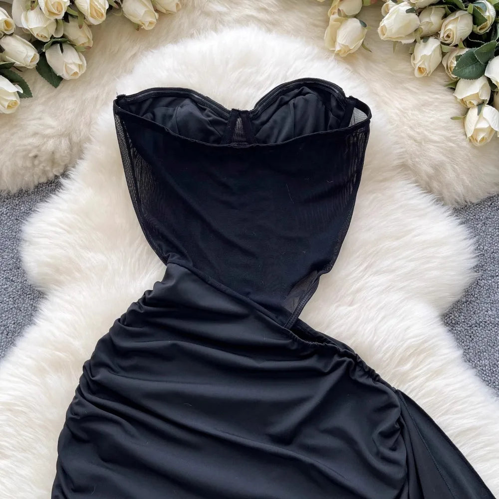 Foamlina  American Sexy Hollowed-out Waist Tube Top Dress for Women's Pleated Waist Hip-wrapped Streamer Girl's Short Dress