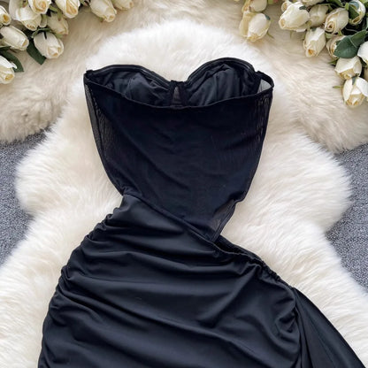 Foamlina  American Sexy Hollowed-out Waist Tube Top Dress for Women's Pleated Waist Hip-wrapped Streamer Girl's Short Dress