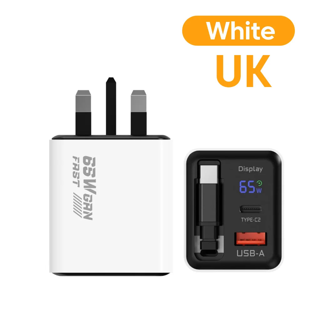 65W USB C GaN Charger Wall Charger Power Adapter Digital Display With Retractable Type C Cable For iPhone 17 16 Samsung Xiaomi