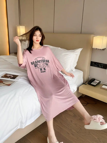New Casual Sleepwear Woman Night Dress Lounge Home Wear Clothes Printed Short Sleeve Female Nightgowns Cotton Loose Nightshirt