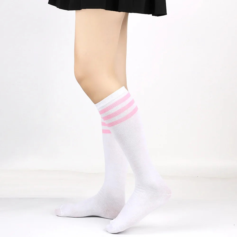 Middle Tube Sock Women Striped Knee High Ladies Japanese Harajuku College Style Cotton Summer Calf Sock Black White Female Gift