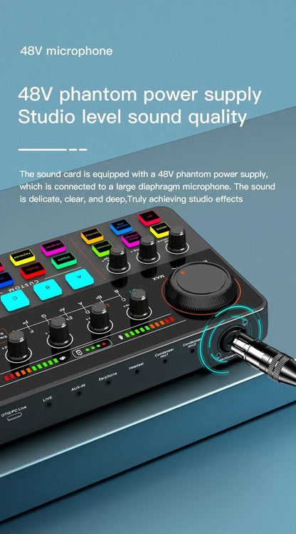 48V Phantom Power Professional Live Sound Card 12 Electronic Tone Sound Card Audio Mixer DJ Controller for For Youtube PC\Phone