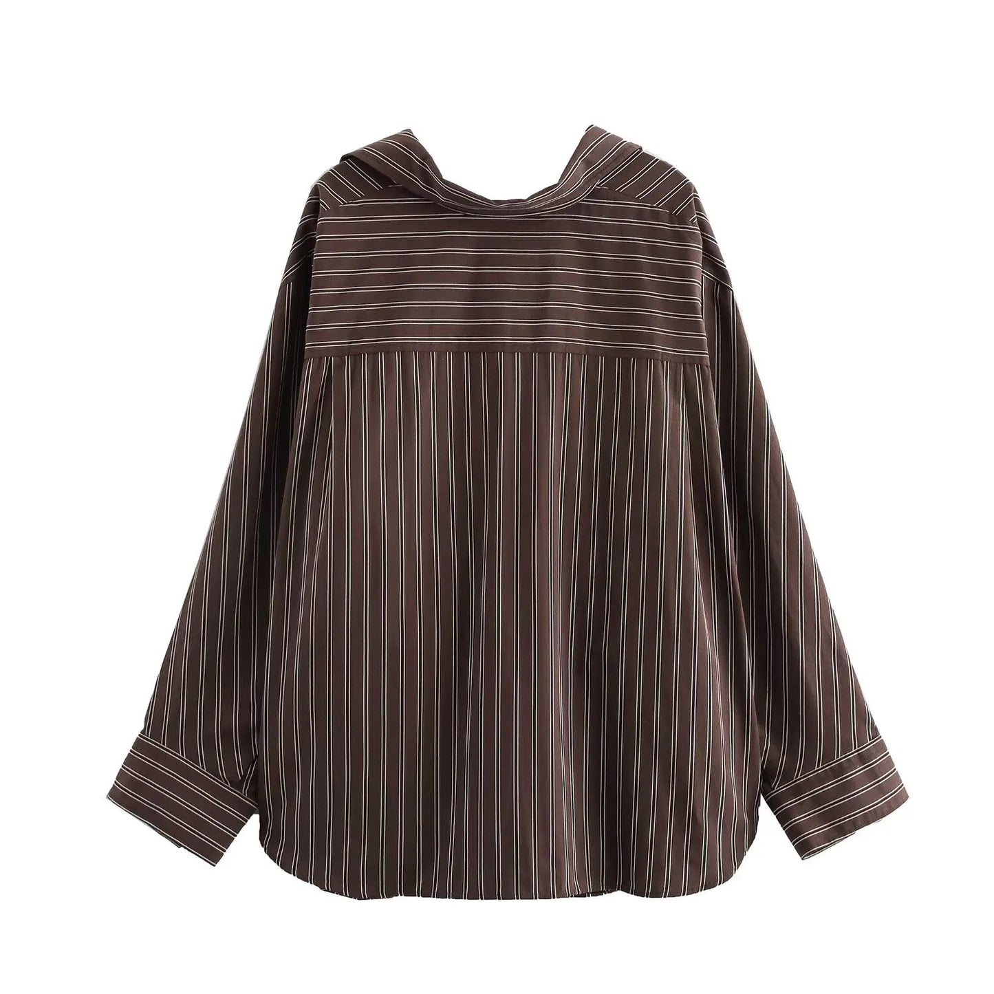 EDSA Women Brown Batwing Stripe Shirt Long Sleeves with Cuffs Patch Pockets Button-up Front for Office Lady Blouse