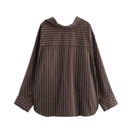 EDSA Women Brown Batwing Stripe Shirt Long Sleeves with Cuffs Patch Pockets Button-up Front for Office Lady Blouse