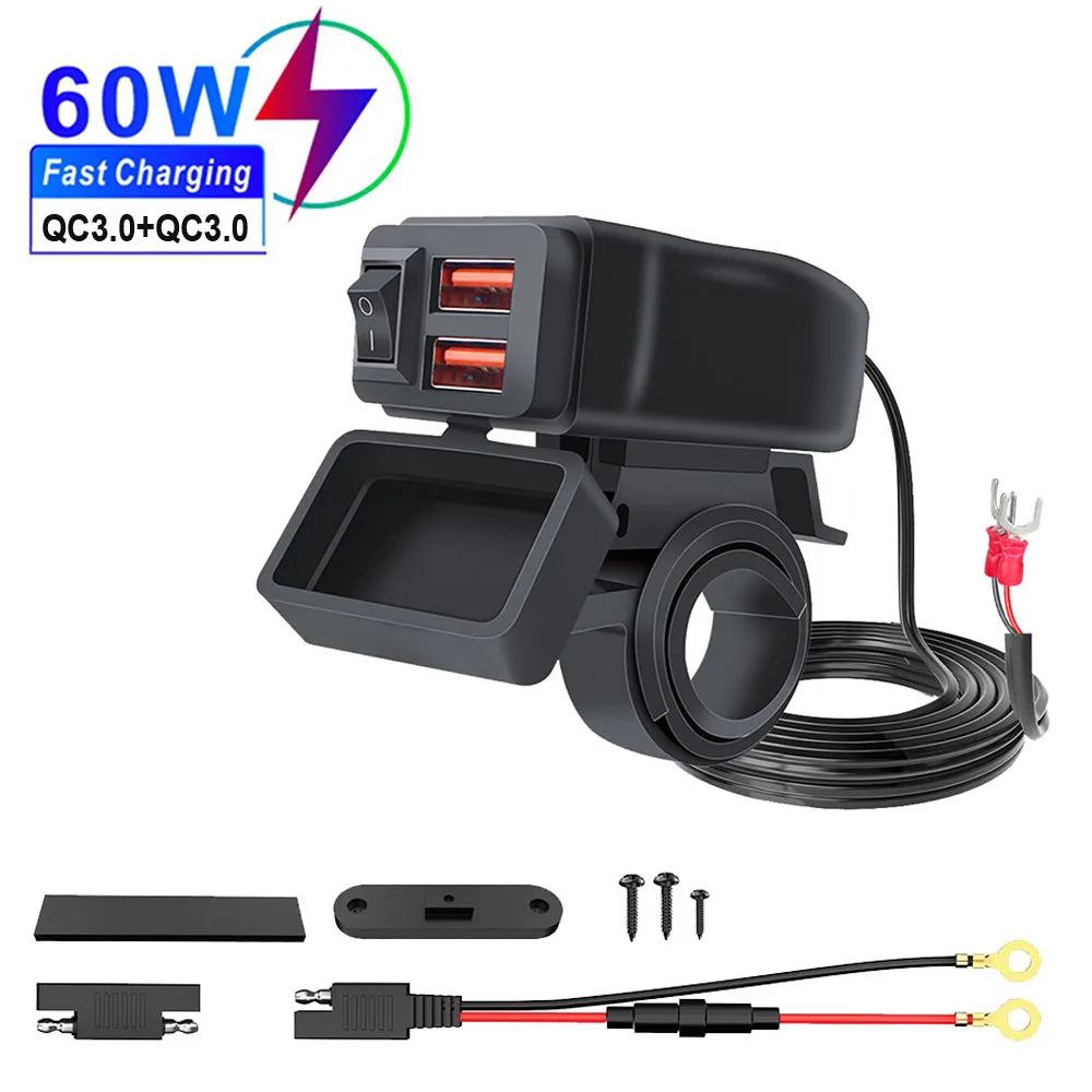 6.8A PD+QC3.0 Motorcycle Phone Charger Handlebar Dual USB Socket 60W Waterproof 12V Power Supply Adapter with Switch Voltmeter