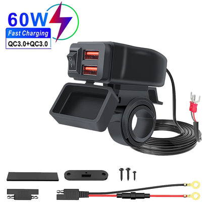 6.8A PD+QC3.0 Motorcycle Phone Charger Handlebar Dual USB Socket 60W Waterproof 12V Power Supply Adapter with Switch Voltmeter