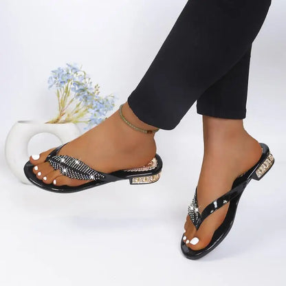 Luxury Rhinestone Leaf Flip Flops Woman Summer 2026 Gold Silver Crystal Low Heel Sandals Women Soft Bottom Lightweight Shoes 43