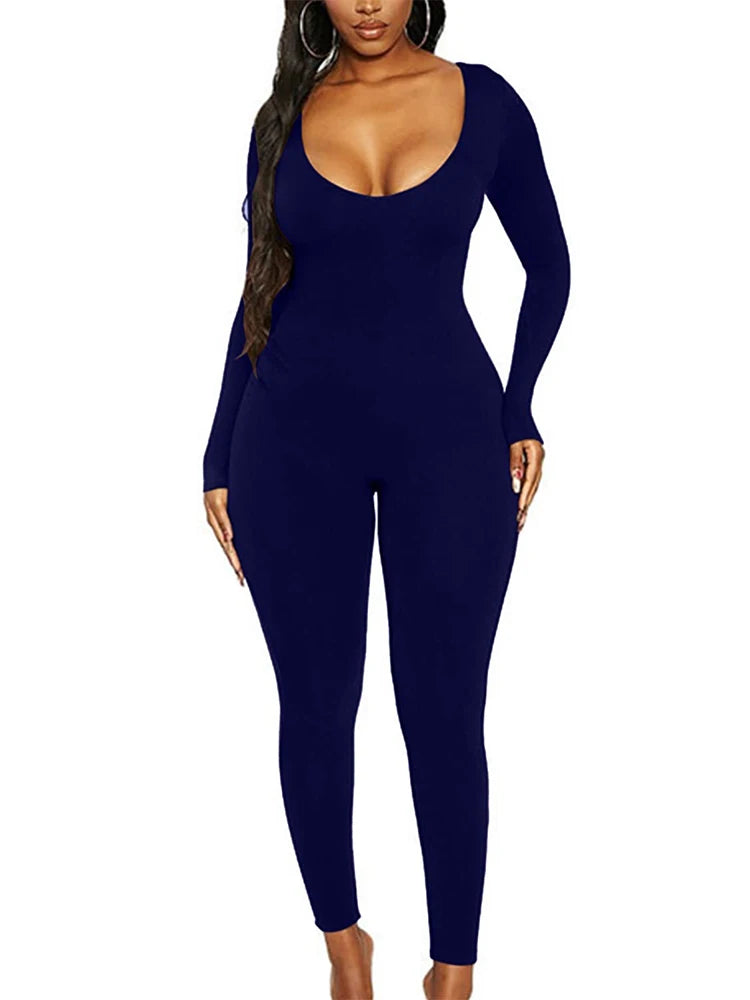 Spring and Summer New Women's Jumpsuit Long Sleeve Solid Color Skinny Jumpsuit Fashion Sports Fitness Jumpsuit Pullover