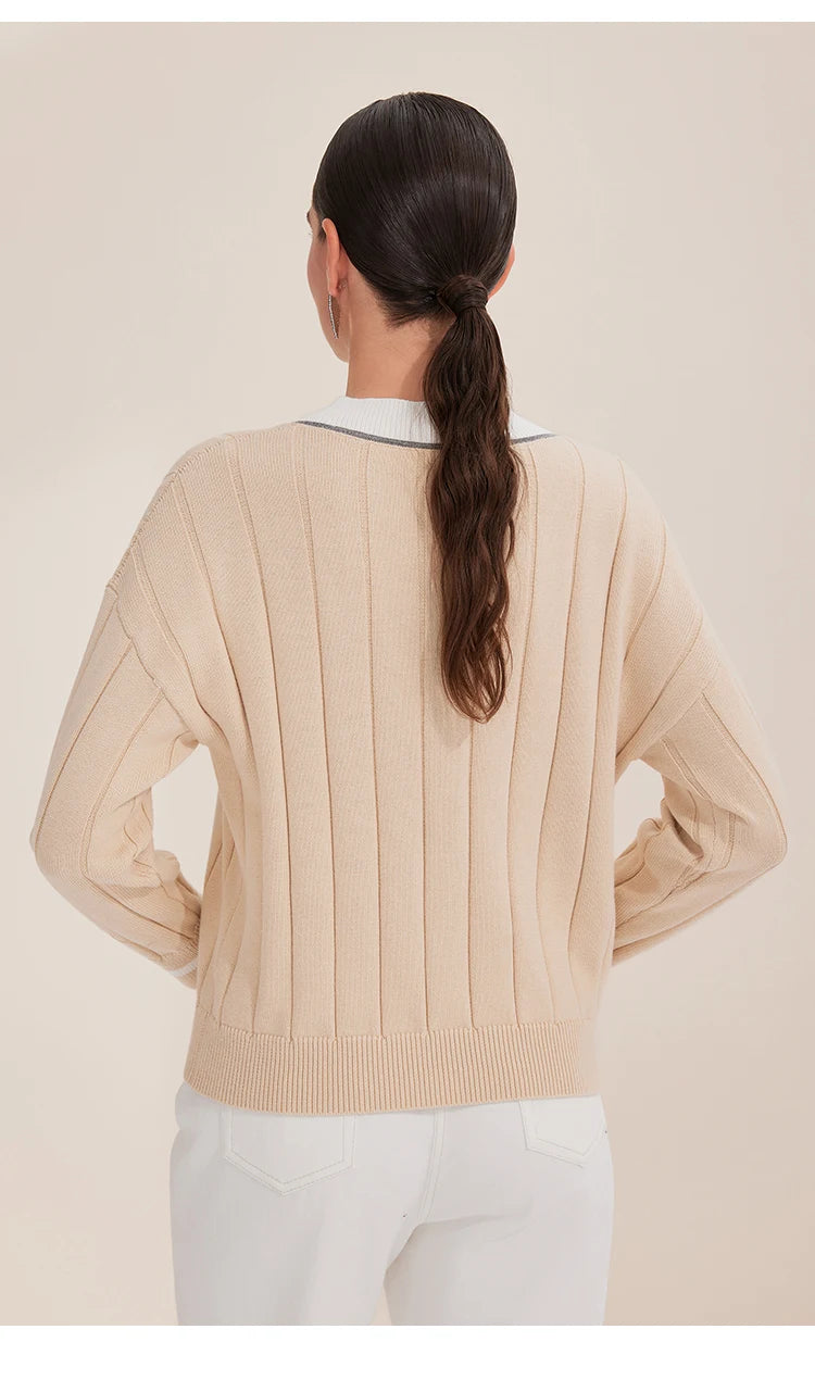 BY4521246 Women's Luxurious V-Neck Long Sleeve Sweater 100% Cotton Casual Knitted Pullover Fall Winter 2025