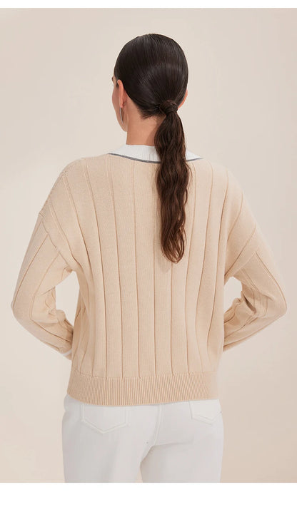 BY4521246 Women's Luxurious V-Neck Long Sleeve Sweater 100% Cotton Casual Knitted Pullover Fall Winter 2025