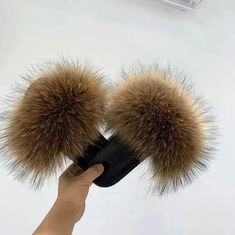 Fur Slippers Women Summer Fluffy Plush Casual Fluffy Flat Non-Slip Real Fox Fur Slides Outdoor Flat Ladies Sandals Flip Flops