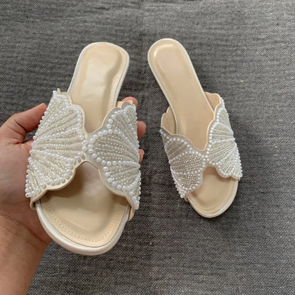 Luxury Summer Flat Sandals for Women Fashion Faux Pearl Designer Slide Sandal Comfortable Lightweight Beach Casual Shoes Woman