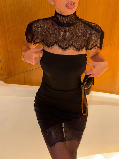 Black Lace Patchwork Strapless Dress Women Sexy Cape Shawl Waist Cinching Slim Mini Dresses Lady 2026 Evening Club Party Gowns