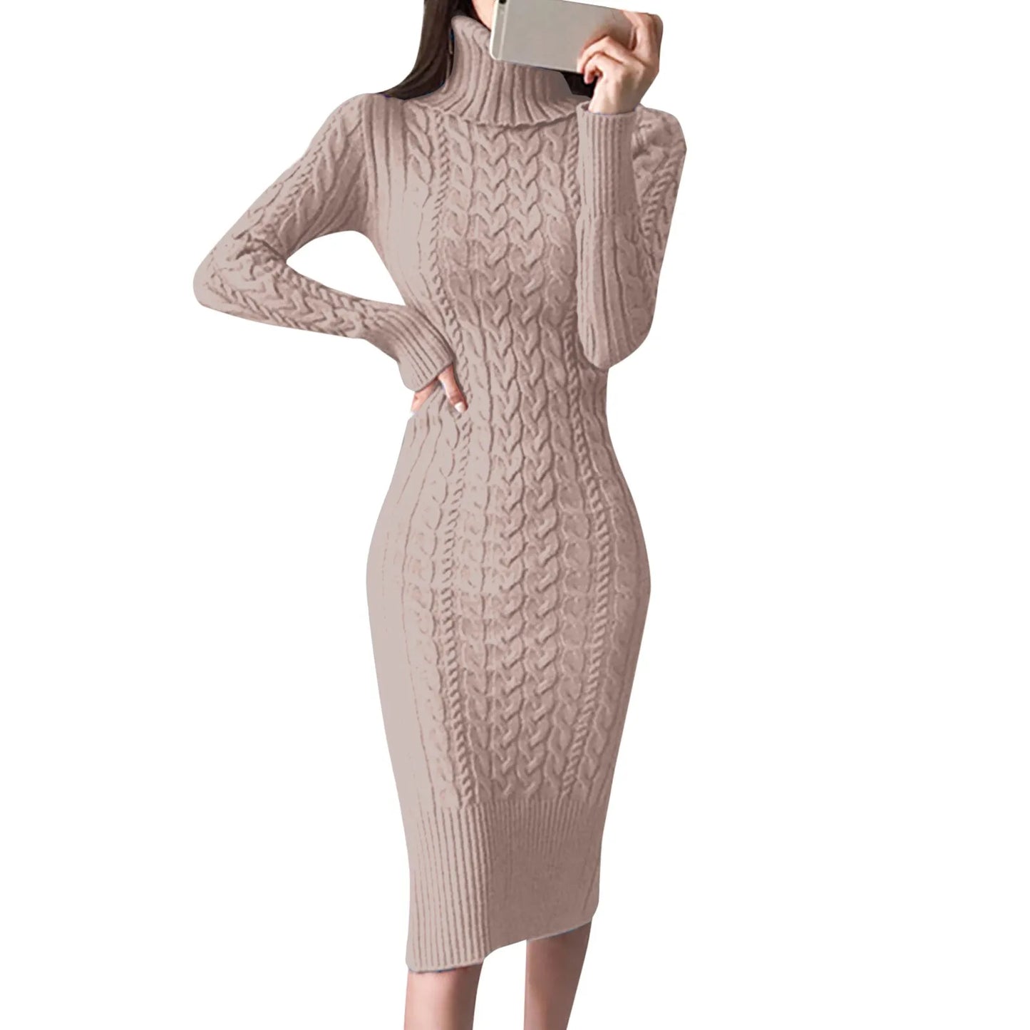 Autumn Winter Women Sweater Dresses Long Sleeve Turtleneck Dress Ladies Solid Color Knitted Bodycon Midi Dress Jumper Dresses