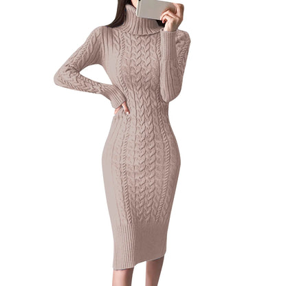 Autumn Winter Women Sweater Dresses Long Sleeve Turtleneck Dress Ladies Solid Color Knitted Bodycon Midi Dress Jumper Dresses