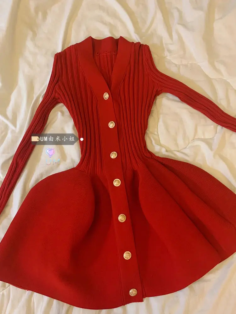 Elegant Vintage V-neck Red Dresses Y2k Slim Fit Knitted Dress for Women Spring Autumn New Long Sleeve Vestidos De Mujer