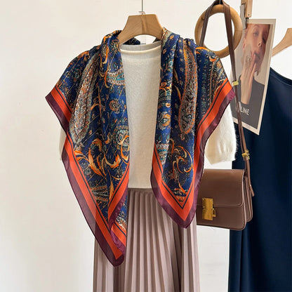 New 90cm Square Scarf Retro Cashew Floral Print Silk Scarfs Women Foulard Headscarf Summer Shawl Hijab Bandana Neck Head Scarf