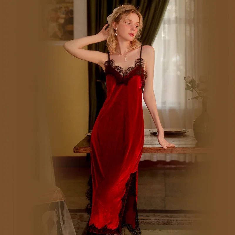 REBEYULI Brand Sexy Sleepwear Women 2026 Autumn Lace Sweet Solid Night Dress Long Soft Comfortable Velvet Robe Gown Sets Women