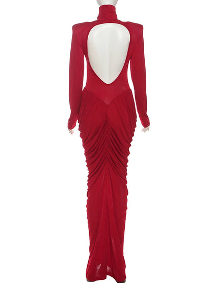 Weird Puss Autumn New Style Maxi Dress Women Turtleneck Full Sleeve Backless Skinny Stretch  Prom Party Ruched Elegant Vestidos