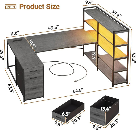 Computer Desk, Reversible U Shaped Office Desk with 3 Fabric Drawers and Power Outlet, Corner Gaming Desk with LED Lights
